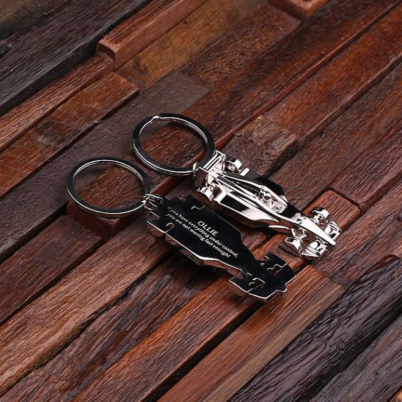 Personalized Stainless Steel Racing Car Keychain Back & Front T-025089