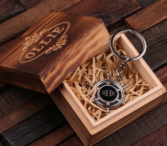Personalized Stainless Steel Ship Helm Keychain & Box T-025090