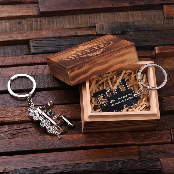 Personalized Stainless Steel Train Conductor Key Chain & Keepsake Box T-025093