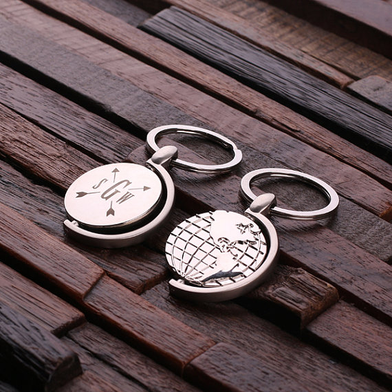 Personalized Stainless Steel World Globe Keychain Front & Back Close Up T-025088