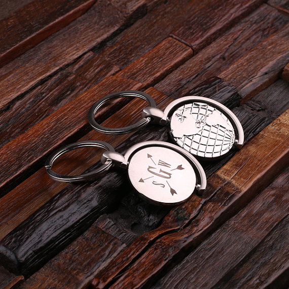 Personalized Stainless Steel World Globe Keychain Front and Back T-025088