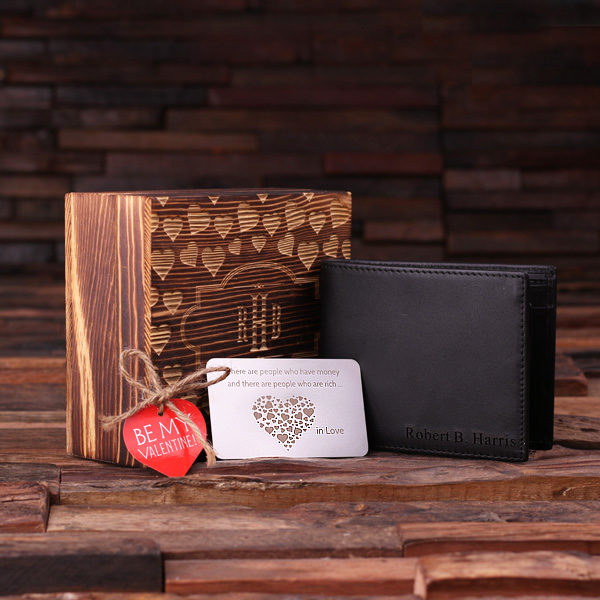Personalized Valentine’s Day Men’s Black Leather Wallet & Gift Card T-025105-Black