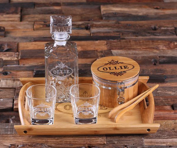 Personalized Whiskey Decanter Set with Bamboo Tray & More T-025233
