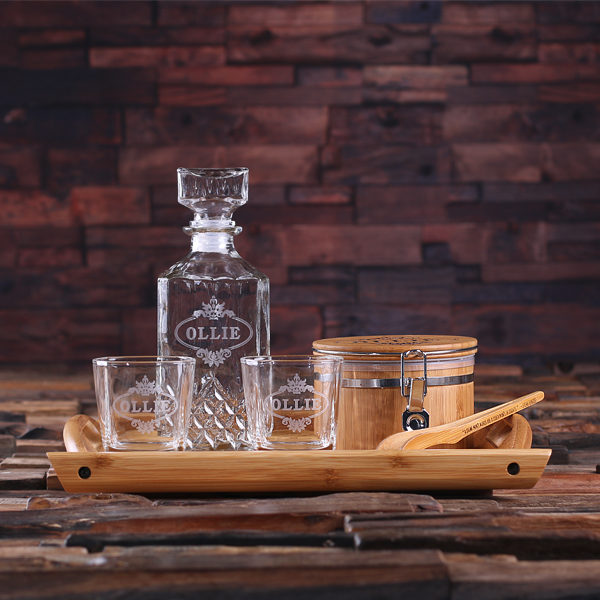 Personalized Whiskey Decanter Set with Ice Buckt, Tongs, Whiskey Glasses & Wood Tray T-025233