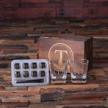 Personalized Whiskey Scotch Glasses, Ice Tongs & 8 Ice Cubes with Keepsake Wood Box T-025245