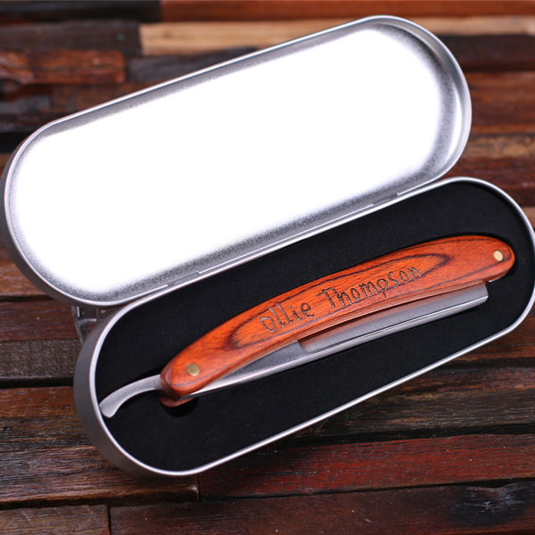 Personalized Wood Handle Straight Razor Blade with Tin Box Engraved Details T-025145