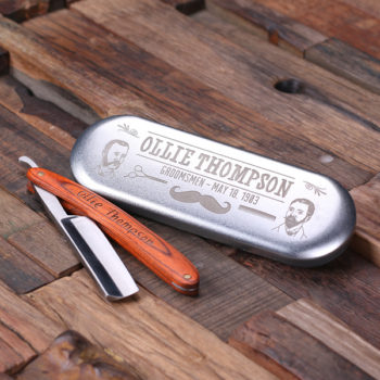 Personalized Wood Handle Straight Razor Blade with Tin Box T-025145