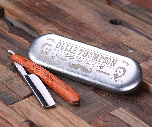 Personalized Wood Handle Straight Razor Blade with Tin Box T-025145