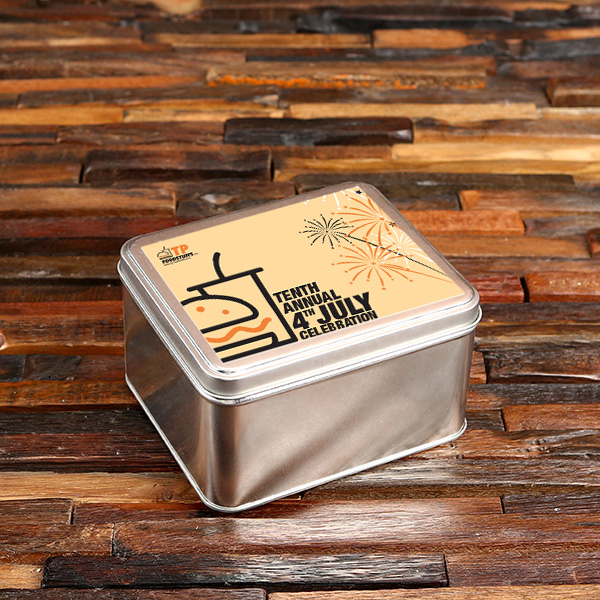 T-026842_1 Sticker Personalized 5.2" x 4.3" x 3" Tin Gift Box with Large Hinged Lid t-026842