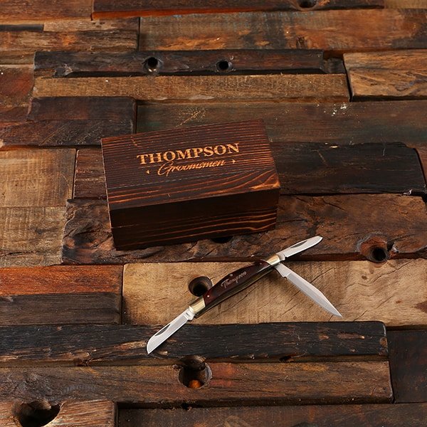 Personalized Multi-Blade Pocket Knife and Wood Box Open Outside