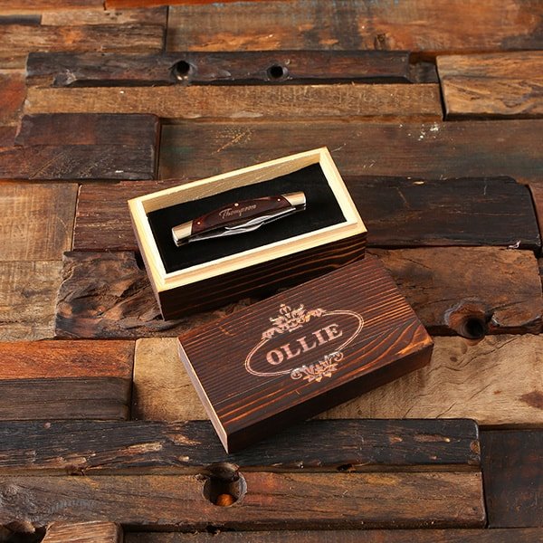 Personalized Multi-Blade Pocket Knife and Wood Box Open Box
