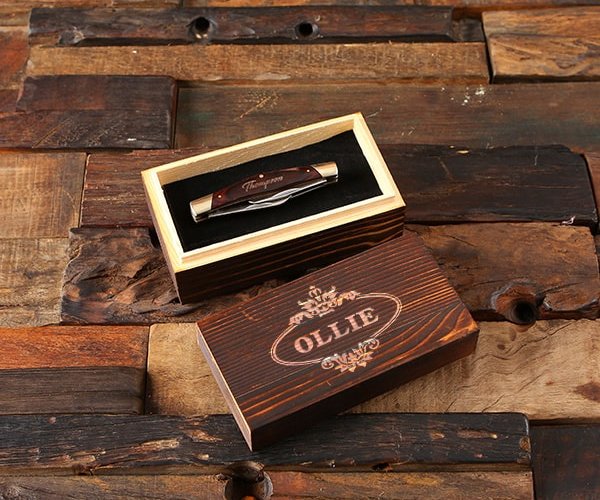 Personalized Multi-Blade Pocket Knife and Wood Box