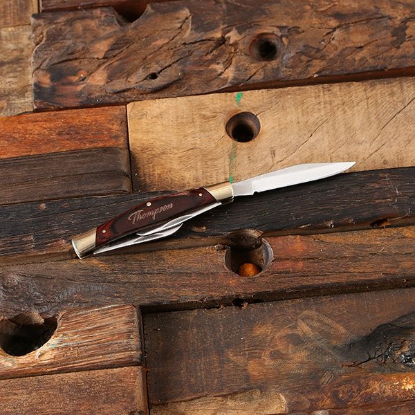 Personalized Multi-Blade Pocket Knife and Wood Box Open Box One Blade