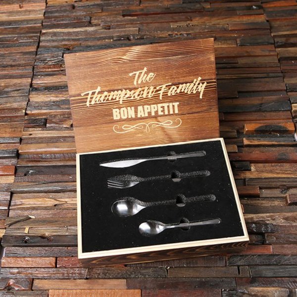 Customized Engraved Cutlery Set with Wood Box