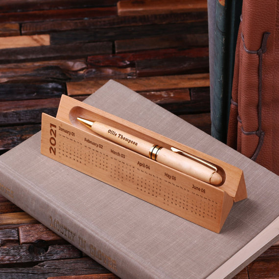 Wood Pen and Pen Holder Personalized Calendar Gift Set - Teals